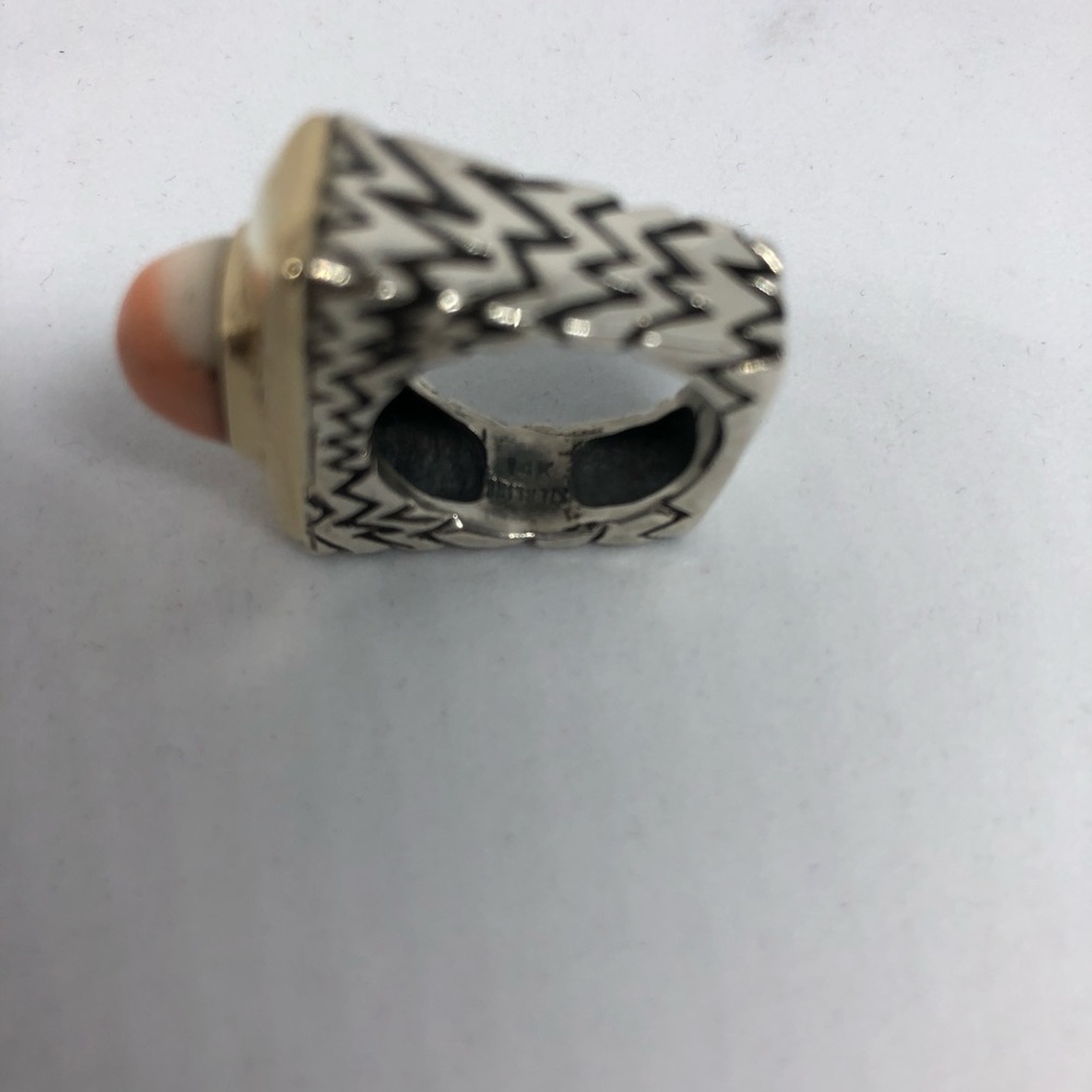 Dian Malouf Two-Tone SS & 14kt Statement Ring with Coral Pink Cabochon - Picture 10 of 10